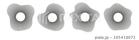 Sound in waveforms, circular designs, circles of audio music, round voices in icons, logos for equalizers, radial spectrum, ring shaped patterns. Flat vector illustrations isolated on white background 105418072