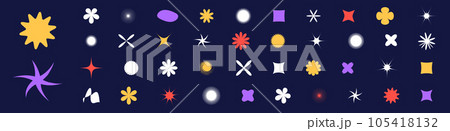 Abstract geometric shapes, iconic star and flower elements in retro Y2K design. Stickers and figures in funky graphic style. Flat vector illustrations isolated background. 105418132