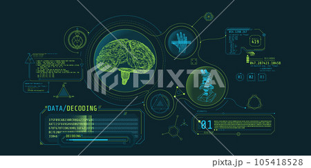 Brain research futuristic interface screen with data decoding. 105418528