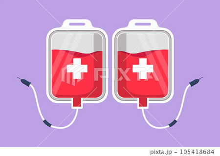 Character flat drawing of blood bag logo, label. IV bag in trendy flat style. Infuse icon. Blood bag for emergency rescue. Medicine, clinic and health care symbol. Cartoon design vector illustration 105418684