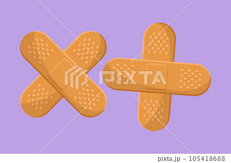 Graphic flat design drawing adhesive bandage elastic medical plasters. Illustration of medical plaster, elastic bandage patch. Medical health care service excellence. Cartoon style vector illustration 105418688