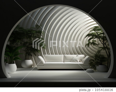 Home interior design with round window showing beautiful white exterior. 3D visualization AI 105418816