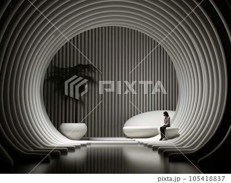 Home white interior design with round arch showing beautiful white exterior and mannequin sits on the couch. AI 105418837