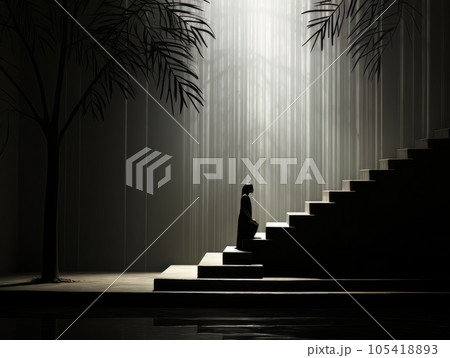 Abstract black silhouette climbs the stairs in futuristic room with trees. 3D visualization AI 105418893
