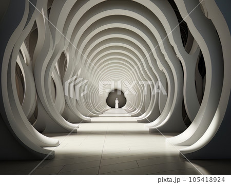 Abstract minimalistic interior black and white 3D tunnel and white silhouette in it. AI 105418924