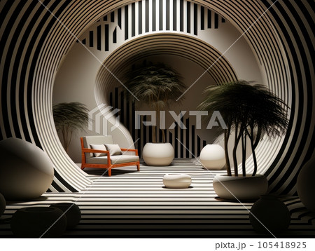 Black and white room and view through the arch to the sofa and indoor palm trees in flowerpots. AI 105418925