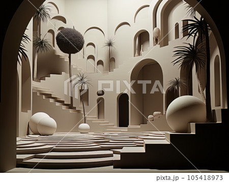 Futuristic interior paper mockup of hotel or oriental palace with arches and palm trees. AI 105418973