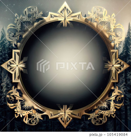 Abstract design of blank luxury frame with snowflake in forest around it. Abstract design of blank luxury frame with snowflake in forest around it. 105419084