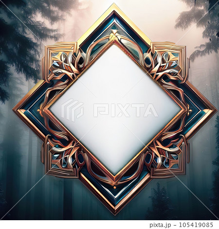 Abstract design of blank luxury frame with snowflake in forest around it. 105419085