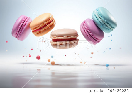 Macaroons in motion falling. Sweet colorful french macaroons levitation in the air. Generative AI 105420023