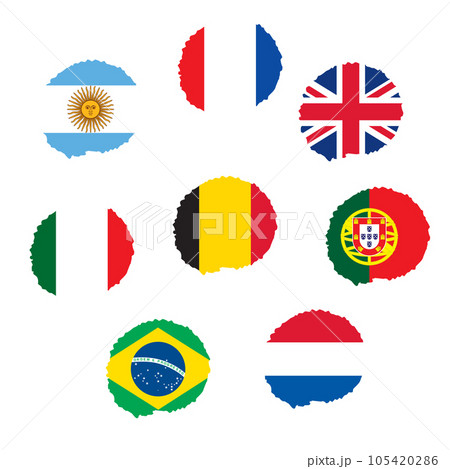 Country flags: Argentina, France, England, Italy, Belgium, Portugal, Netherlands, Brazil. Vector illustration of flags. Sports banners, flyers. Country flags: Argentina, France, England, Italy, Belgium, Portugal, Netherlands, Brazil. Vector illustration of flags. Sports banners, flyers. 105420286