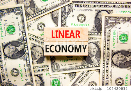 Linear economy symbol. Concept words Linear economy on beautiful wooden block. Dollar bills. Beautiful background from dollar bills. Business linear economy concept. Copy space. 105420652