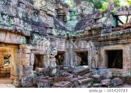 Destroyed Khmer temple of Preah Khan in Cambodia, ruins of a medieval building, architecture. Destroyed Khmer temple of Preah Khan in Cambodia, ruins of a medieval building, architecture. 105420783