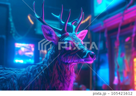 Neon light deer. Street night urban. Generate Ai 105421612