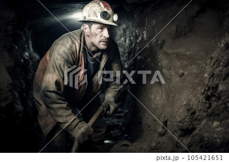 Miner digging mine drill. Worker gold. Fictional person. Generate Ai 105421651