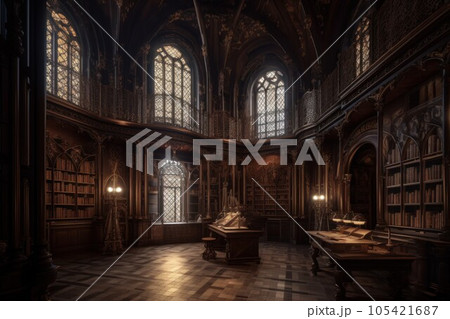 Magnificent old library. Old room interior. Generate Ai 105421687