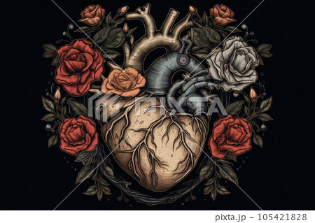 Heart with red roses. Petal gift. Generate AI 105421828