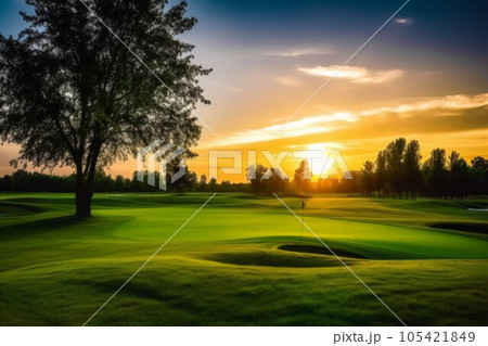 Green gold course sunset grass. Vacation sport. Generate AI 105421849
