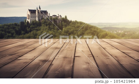 Wooden table castle. Medieval travel. Generate Ai 105421964