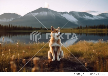Dog sit near river in mountains. Pet puppy. Generate Ai 105421990