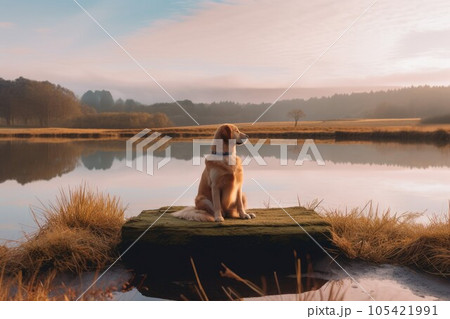Dog sit near river. Cute outdoor animal. Generate Ai 105421991