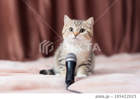 Cute smart cat near microphone sing. Kitten voice. Generate Ai Cute smart cat near microphone sing. Kitten voice. Generate Ai 105422025