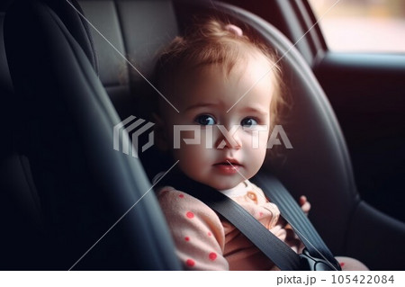 Cute girl in safety seat auto. Security protect. Fictional person. Generate Ai 105422084