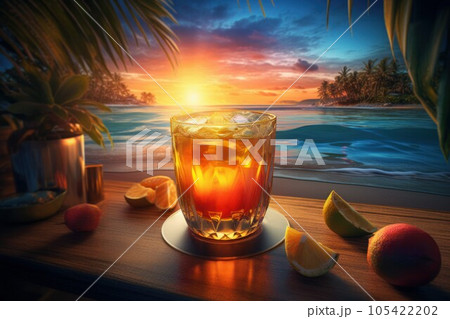 Beach cocktail ocean sunset. Bar food. Generate AI 105422202