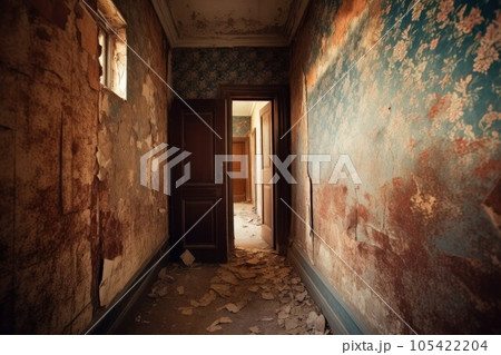 Abandoned hallway. Interior door light. Generate Ai 105422204