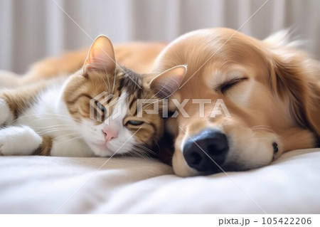 Cat dog sleeping pet. Baby cuddle floor. Generate Ai 105422206