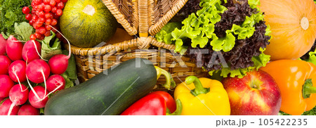 Beautiful background from various vegetables and fruits. Wide photo. Beautiful background from various vegetables and fruits. Wide photo. 105422235