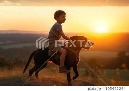 Boy riding dog. Child happy pet. Fictional...のイラスト素材 [105422244] - PIXTA