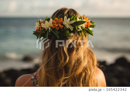Back view woman hawaii person. Dancer culture. Generate AI 105422342