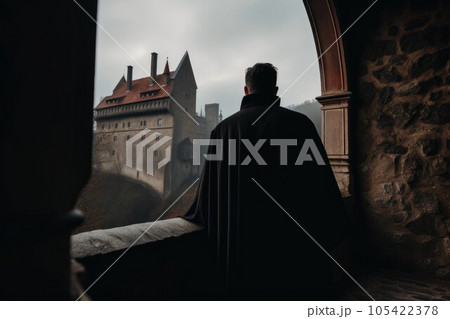Back view man castle summer. Vampire travel. Generate Ai 105422378