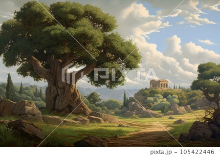 Ancient greece landscape big tree. Digital art. Generate Ai 105422446