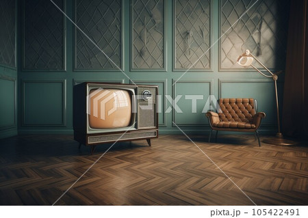 Vintage tv room. Home wall media. Generate Ai 105422491