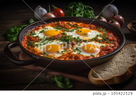 Shakshuka food in frying pan. Fried top tasty. Generate Ai Shakshuka food in frying pan. Fried top tasty. Generate Ai 105422529