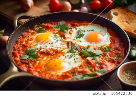 Shakshuka in frying pan. Cuisine lunch. Generate Ai Shakshuka in frying pan. Cuisine lunch. Generate Ai 105422530