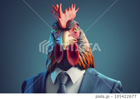 Anthropomorphic rooster in business suit. Chicken farm. Generate Ai Anthropomorphic rooster in business suit. Chicken farm. Generate Ai 105422677