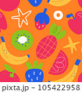 Tropical fruit print, bright bold background, banana, kiwi, strawberry, orange fruits and berries, abstract illustrations, vector tile, seamless pattern 105422958