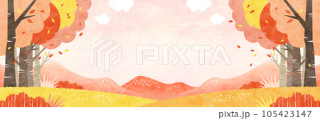 紅葉した草木と秋空の広がる風景 自然あふれる水彩背景イラスト 105423147