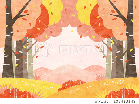 紅葉した木々が彩る秋の森の風景 自然あふれる水彩背景イラスト 紅葉した木々が彩る秋の森の風景 自然あふれる水彩背景イラスト 105423148
