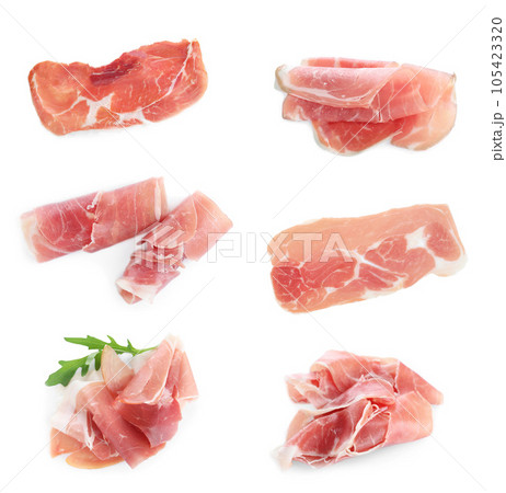 Set of delicious sliced jamon on white background 105423320