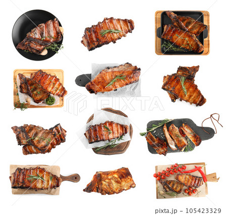 Set of delicious roasted ribs on white background, top view Set of delicious roasted ribs on white background, top view 105423329