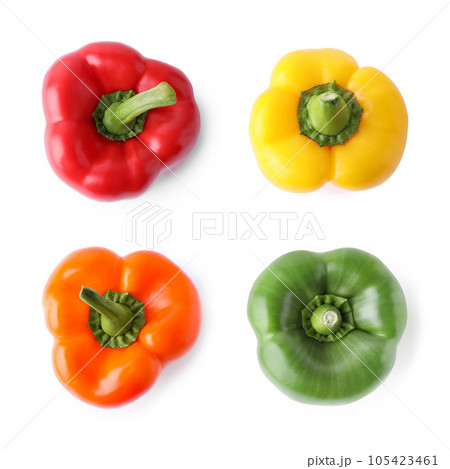 Set of different ripe bell peppers on white background, top view 105423461