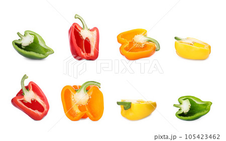 Set of different ripe bell peppers on white background 105423462