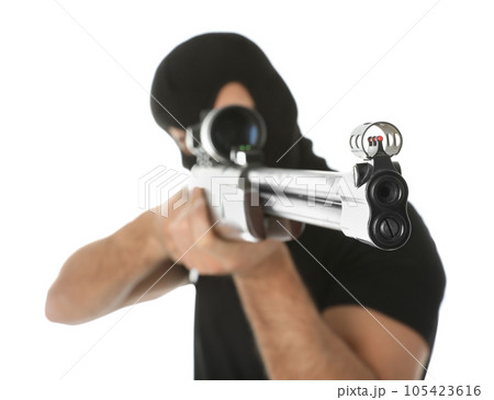 Professional killer with sniper rifle on white background Professional killer with sniper rifle on white background 105423616