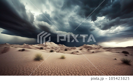 Surreal desert landscape with stormy clouds 105423825