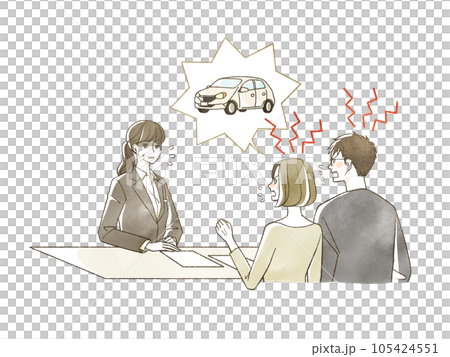 A man and a woman complaining about a car to a woman in a suit 105424551