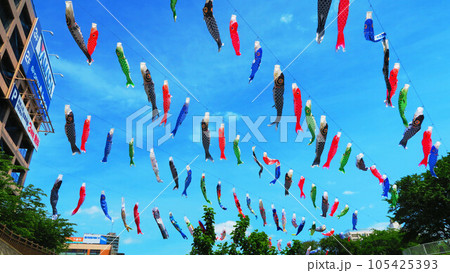 「川口芝川鯉のぼり祭り2023」のこいのぼりと青空の美しい風景 「川口芝川鯉のぼり祭り2023」のこいのぼりと青空の美しい風景 105425393